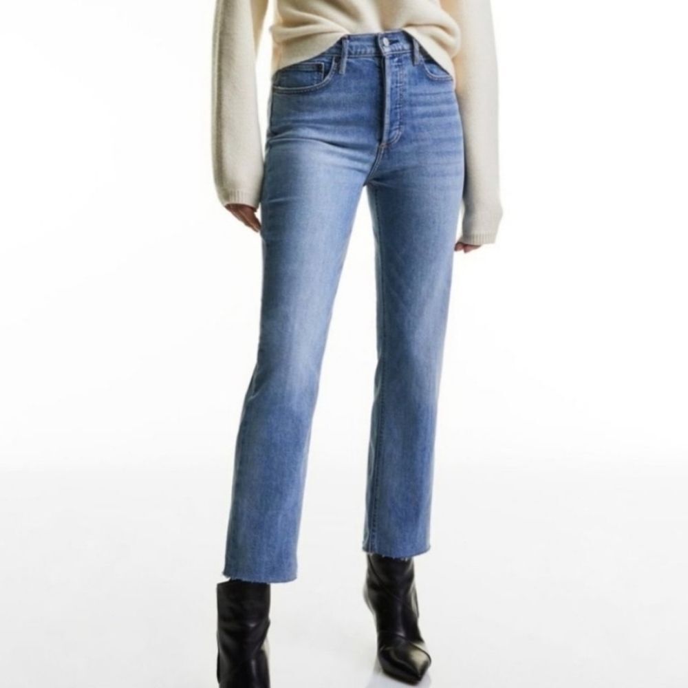 Denim Forum Arlo High Rise Straight Blue Raw Hem Button Fly Jeans Organic - 24